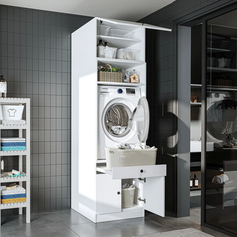 Roomart Waschmaschinenschrank SERIE 1 – 65 cm breit mit Ausziehbrett, Waschmaschinen-Überbauschrank für Waschküche & Bad – Weiß, Eiche, Schwarz-Eiche