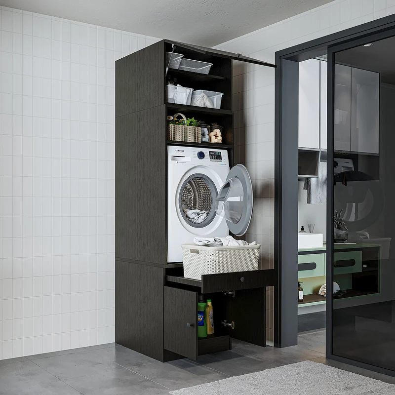 Roomart Waschmaschinenschrank SERIE 1 – 65 cm breit mit Ausziehbrett, Waschmaschinen-Überbauschrank für Waschküche & Bad – Weiß, Eiche, Schwarz-Eiche
