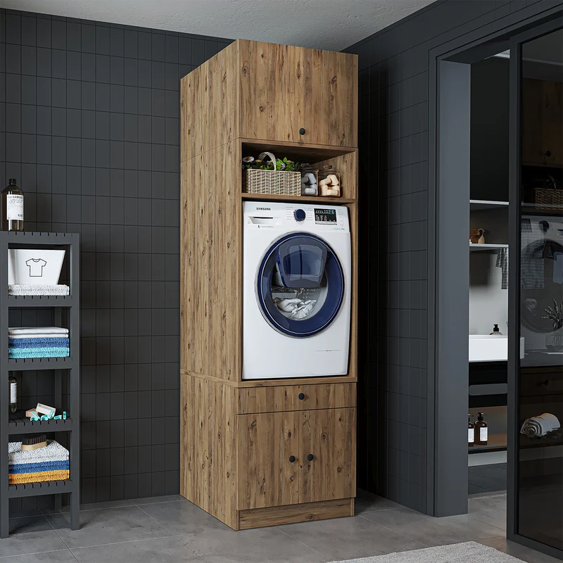 Roomart Waschmaschinenschrank SERIE 1 – 65 cm breit mit Ausziehbrett, Waschmaschinen-Überbauschrank für Waschküche & Bad – Weiß, Eiche, Schwarz-Eiche