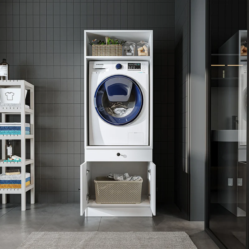 Roomart Waschmaschinenschrank SERIE 1 – 65 cm breit mit Ausziehbrett, Waschmaschinen-Überbauschrank für Waschküche & Bad – Weiß, Eiche, Schwarz-Eiche