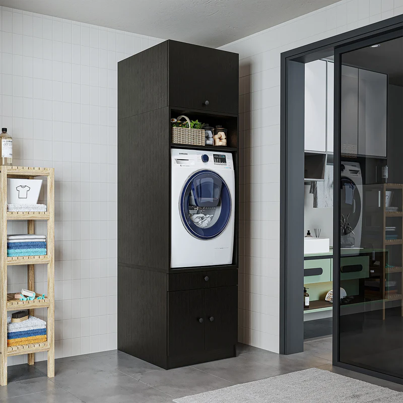 Roomart Waschmaschinenschrank SERIE 1 – 65 cm breit mit Ausziehbrett, Waschmaschinen-Überbauschrank für Waschküche & Bad – Weiß, Eiche, Schwarz-Eiche