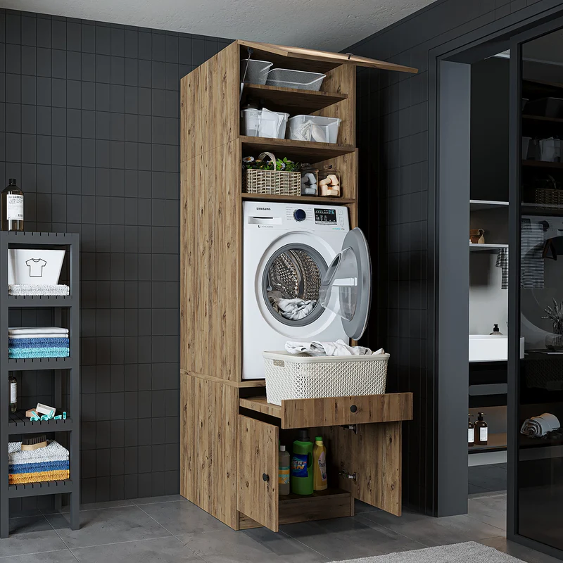 Roomart Waschmaschinenschrank SERIE 1 – 65 cm breit mit Ausziehbrett, Waschmaschinen-Überbauschrank für Waschküche & Bad – Weiß, Eiche, Schwarz-Eiche