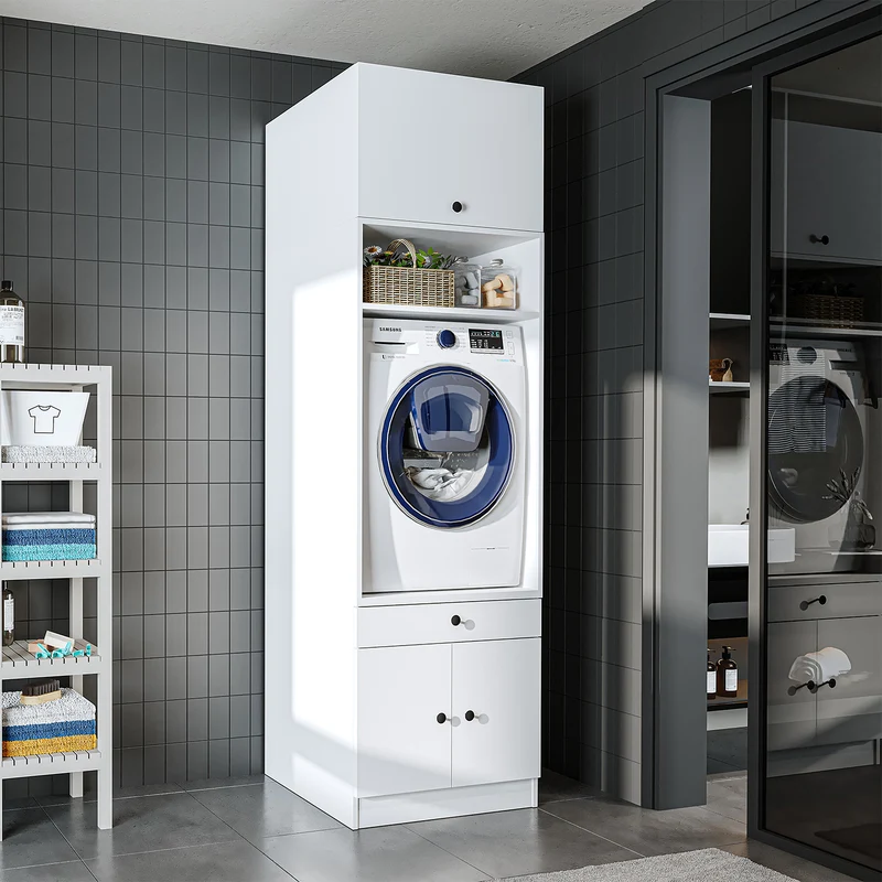 Roomart Waschmaschinenschrank SERIE 1 – 65 cm breit mit Ausziehbrett, Waschmaschinen-Überbauschrank für Waschküche & Bad – Weiß, Eiche, Schwarz-Eiche
