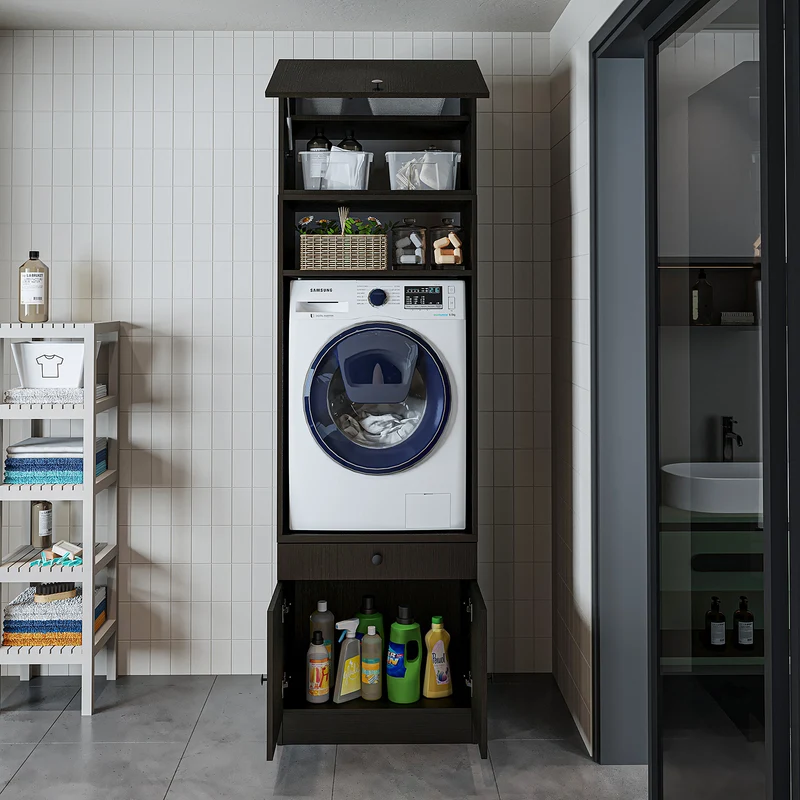Roomart Waschmaschinenschrank SERIE 1 – 65 cm breit mit Ausziehbrett, Waschmaschinen-Überbauschrank für Waschküche & Bad – Weiß, Eiche, Schwarz-Eiche
