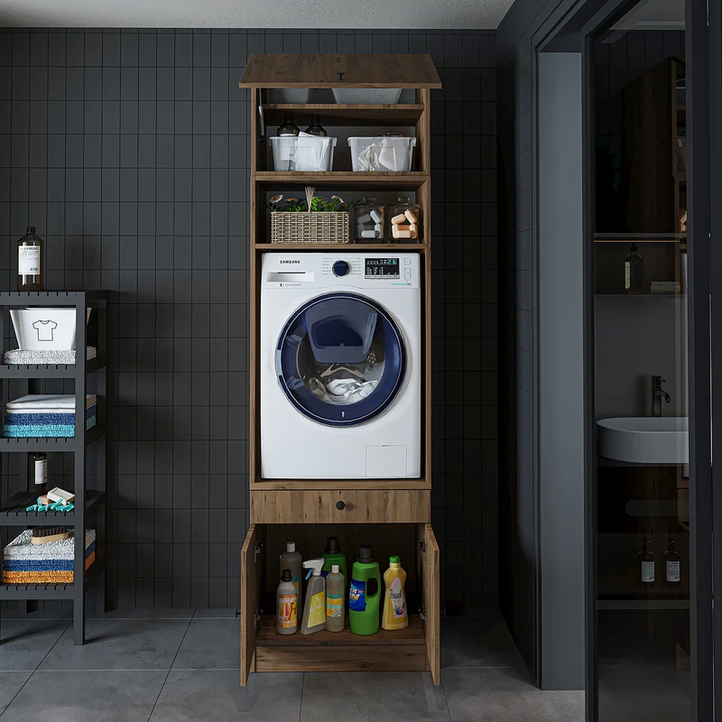Roomart Waschmaschinenschrank SERIE 1 – 65 cm breit mit Ausziehbrett, Waschmaschinen-Überbauschrank für Waschküche & Bad – Weiß, Eiche, Schwarz-Eiche