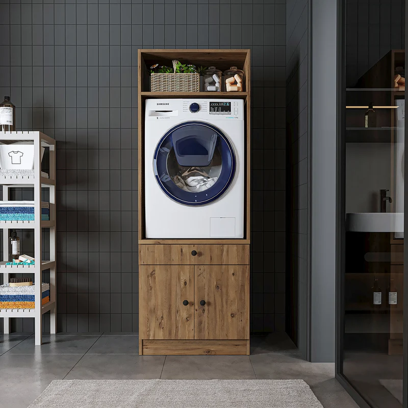 Roomart Waschmaschinenschrank SERIE 1 – 65 cm breit mit Ausziehbrett, Waschmaschinen-Überbauschrank für Waschküche & Bad – Weiß, Eiche, Schwarz-Eiche