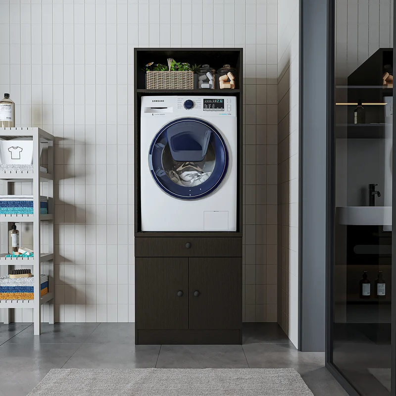 Roomart Waschmaschinenschrank SERIE 1 – 65 cm breit mit Ausziehbrett, Waschmaschinen-Überbauschrank für Waschküche & Bad – Weiß, Eiche, Schwarz-Eiche