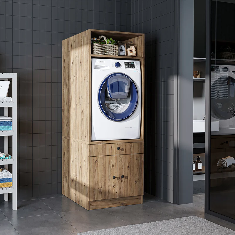 Roomart Waschmaschinenschrank SERIE 1 – 65 cm breit mit Ausziehbrett, Waschmaschinen-Überbauschrank für Waschküche & Bad – Weiß, Eiche, Schwarz-Eiche