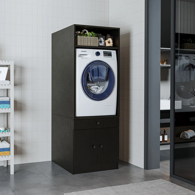 Roomart Waschmaschinenschrank SERIE 1 – 65 cm breit mit Ausziehbrett, Waschmaschinen-Überbauschrank für Waschküche & Bad – Weiß, Eiche, Schwarz-Eiche