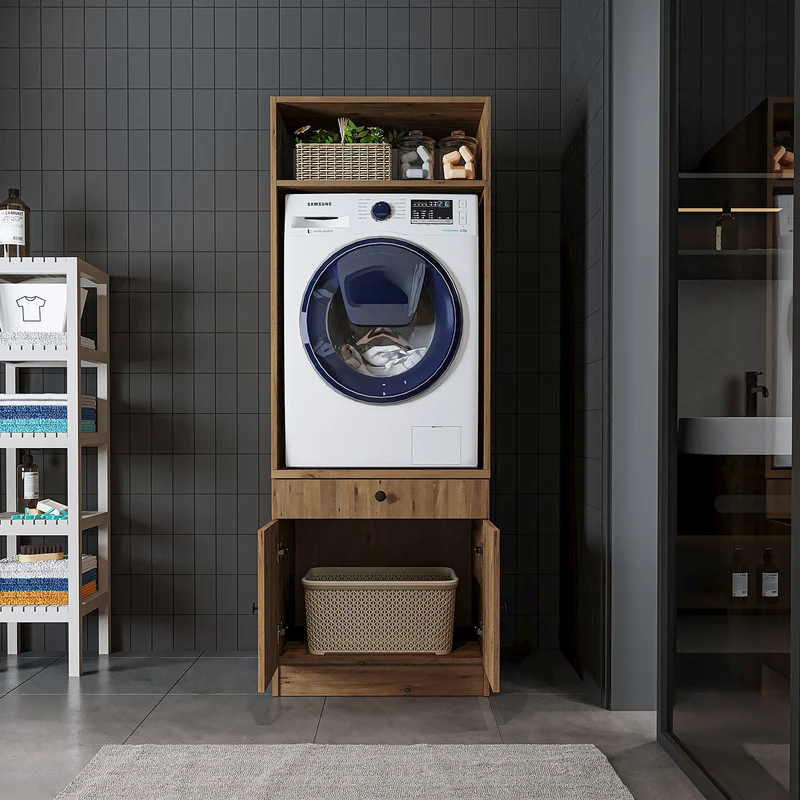 Roomart Waschmaschinenschrank SERIE 1 – 65 cm breit mit Ausziehbrett, Waschmaschinen-Überbauschrank für Waschküche & Bad – Weiß, Eiche, Schwarz-Eiche