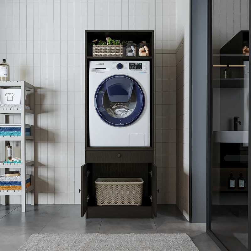 Roomart Waschmaschinenschrank SERIE 1 – 65 cm breit mit Ausziehbrett, Waschmaschinen-Überbauschrank für Waschküche & Bad – Weiß, Eiche, Schwarz-Eiche