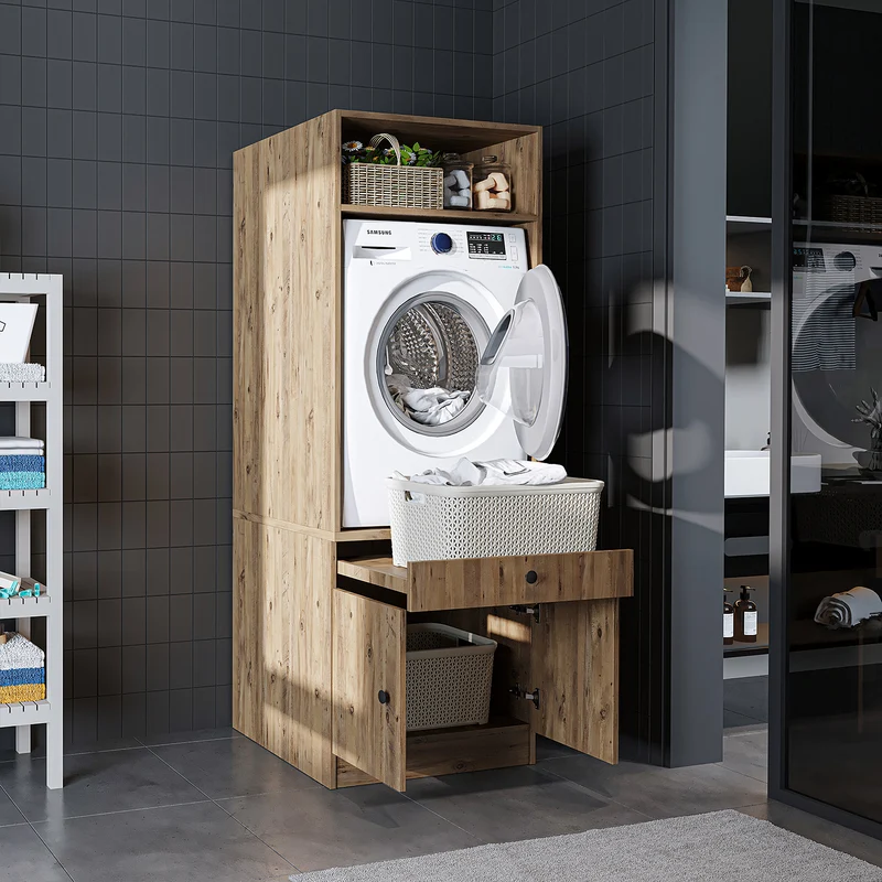 Roomart Waschmaschinenschrank SERIE 1 – 65 cm breit mit Ausziehbrett, Waschmaschinen-Überbauschrank für Waschküche & Bad – Weiß, Eiche, Schwarz-Eiche