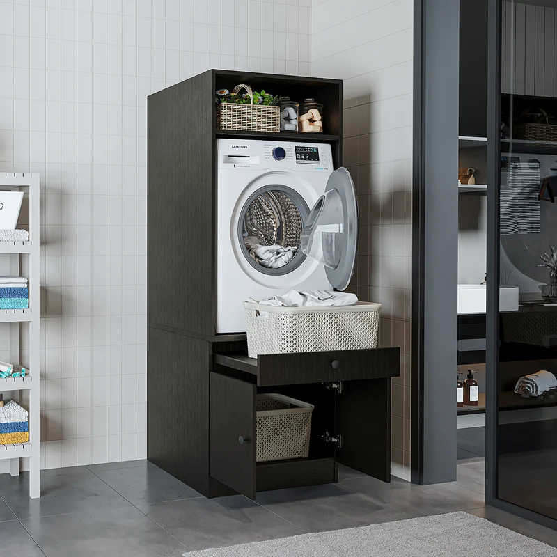 Roomart Waschmaschinenschrank SERIE 1 – 65 cm breit mit Ausziehbrett, Waschmaschinen-Überbauschrank für Waschküche & Bad – Weiß, Eiche, Schwarz-Eiche
