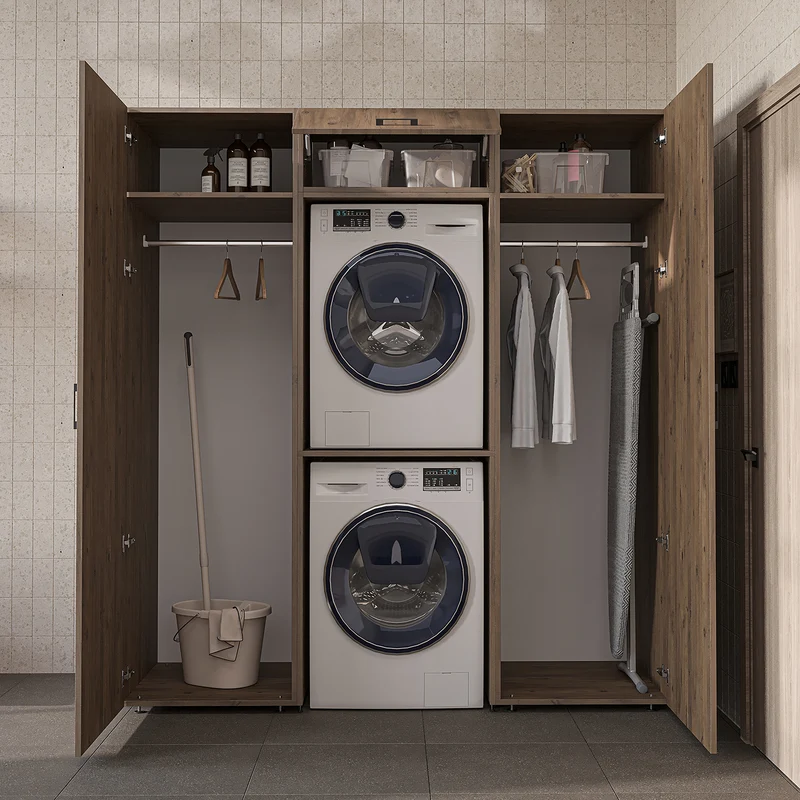 Roomart Schrankwand DUO-I, 187 cm, mit 2 Hochschränken und Oberschrank für Waschmaschine & Trockner, in 2 Farben