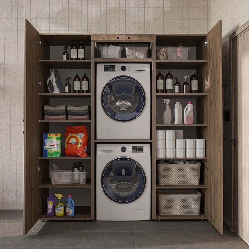 Roomart Schrankwand DUO-I, 187 cm, mit 2 Hochschränken und Oberschrank für Waschmaschine & Trockner, in 2 Farben