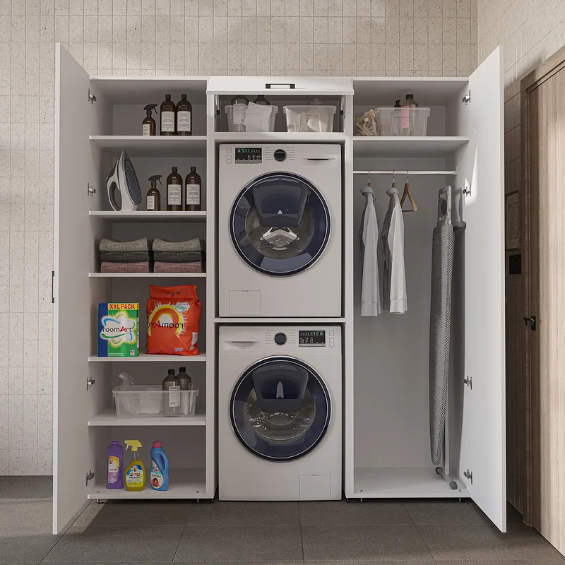 Roomart Schrankwand DUO-I, 187 cm, mit 2 Hochschränken und Oberschrank für Waschmaschine & Trockner, in 2 Farben