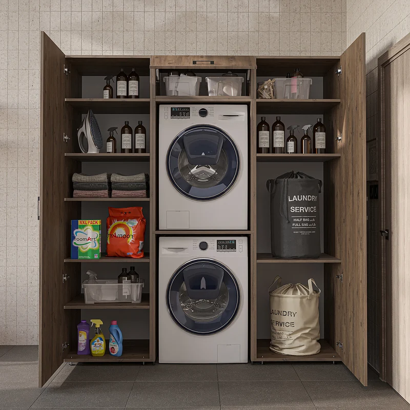 Roomart Schrankwand DUO-I, 187 cm, mit 2 Hochschränken und Oberschrank für Waschmaschine & Trockner, in 2 Farben