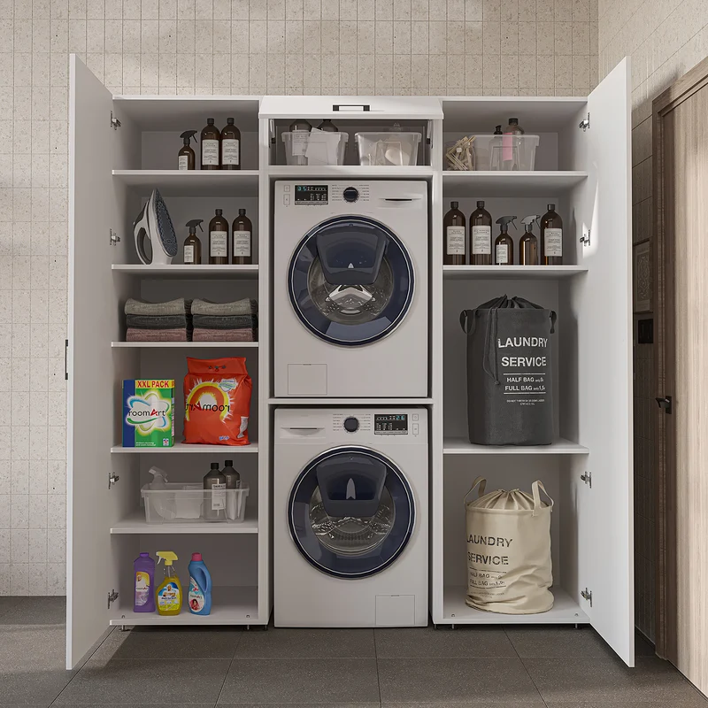 Roomart Schrankwand DUO-I, 187 cm, mit 2 Hochschränken und Oberschrank für Waschmaschine & Trockner, in 2 Farben