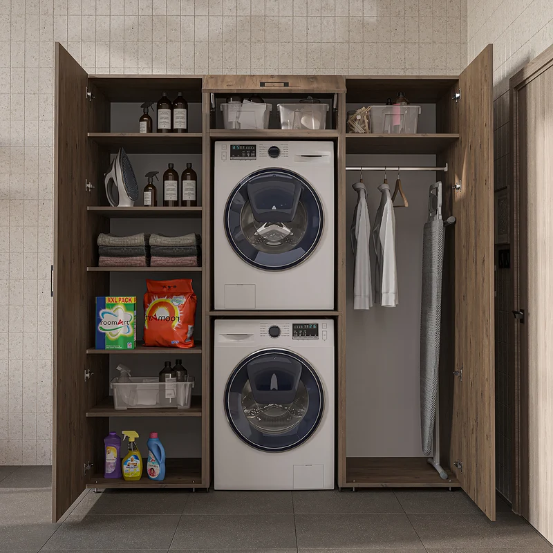 Roomart Schrankwand DUO-I, 187 cm, mit 2 Hochschränken und Oberschrank für Waschmaschine & Trockner, in 2 Farben