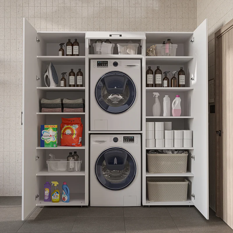 Roomart Schrankwand DUO-I, 187 cm, mit 2 Hochschränken und Oberschrank für Waschmaschine & Trockner, in 2 Farben