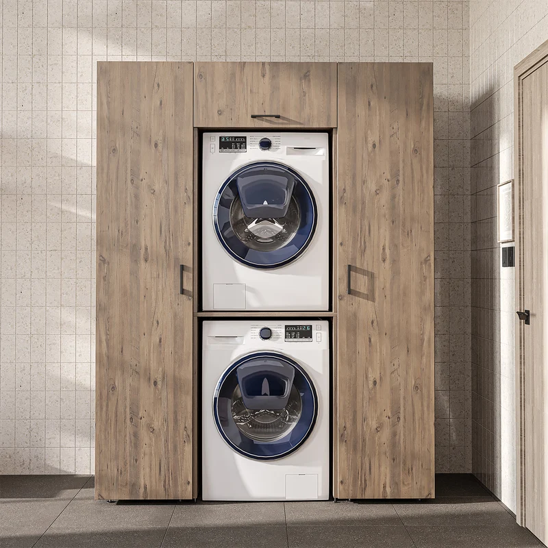 Roomart Schrankwand DUO-I, 157 cm, mit 2 Hochschränken und Oberschrank für Waschmaschine & Trockner, in 2 Farben