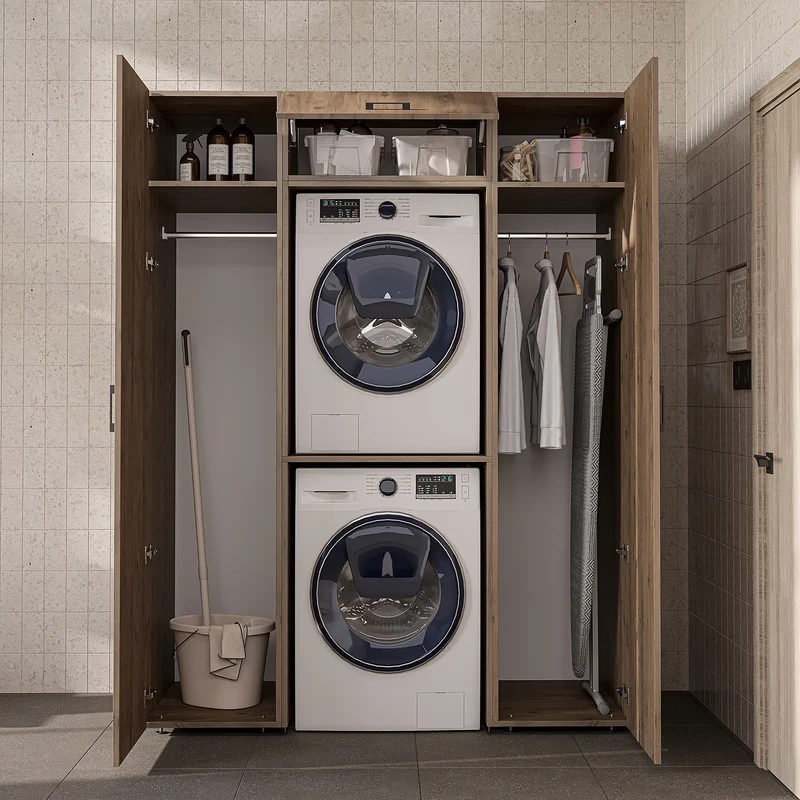 Roomart Schrankwand DUO-I, 157 cm, mit 2 Hochschränken und Oberschrank für Waschmaschine & Trockner, in 2 Farben