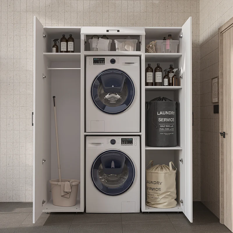 Roomart Schrankwand DUO-I, 157 cm, mit 2 Hochschränken und Oberschrank für Waschmaschine & Trockner, in 2 Farben