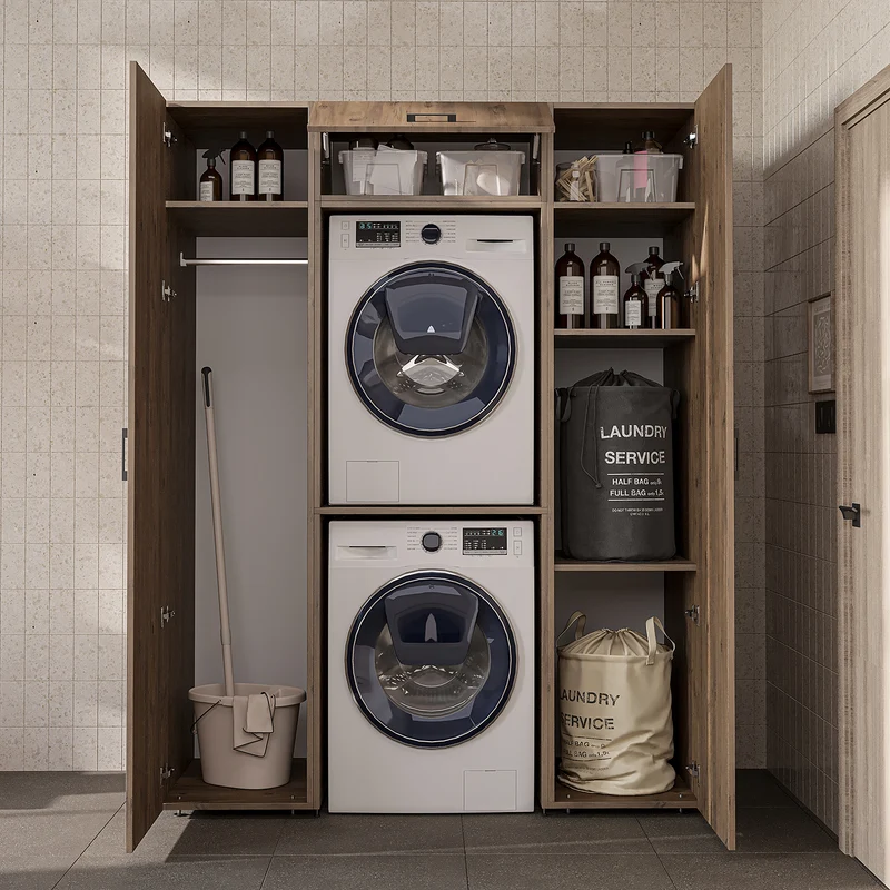 Roomart Schrankwand DUO-I, 157 cm, mit 2 Hochschränken und Oberschrank für Waschmaschine & Trockner, in 2 Farben
