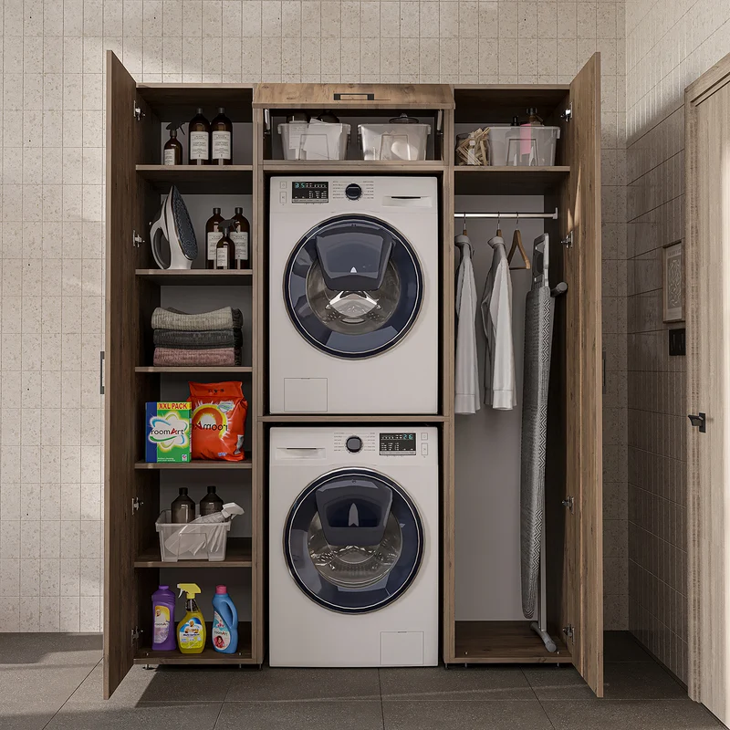Roomart Schrankwand DUO-I, 157 cm, mit 2 Hochschränken und Oberschrank für Waschmaschine & Trockner, in 2 Farben
