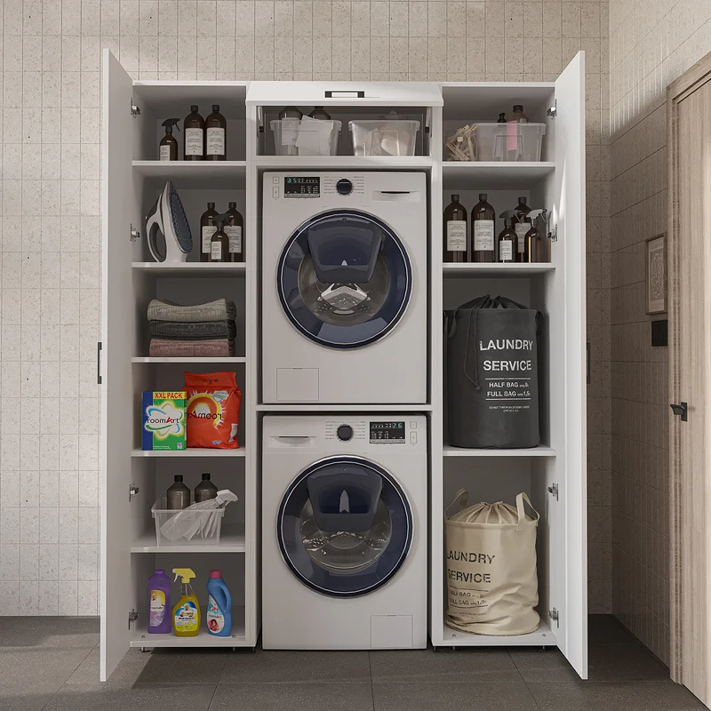 Roomart Schrankwand DUO-I, 157 cm, mit 2 Hochschränken und Oberschrank für Waschmaschine & Trockner, in 2 Farben