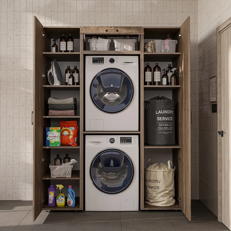 Roomart Schrankwand DUO-I, 157 cm, mit 2 Hochschränken und Oberschrank für Waschmaschine & Trockner, in 2 Farben