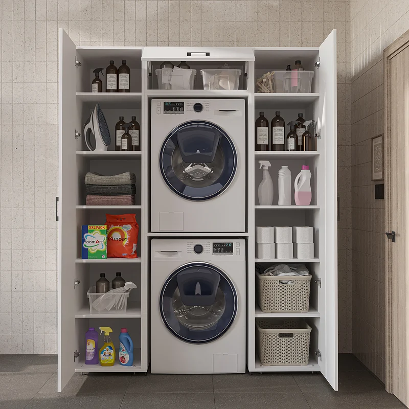 Roomart Schrankwand DUO-I, 157 cm, mit 2 Hochschränken und Oberschrank für Waschmaschine & Trockner, in 2 Farben