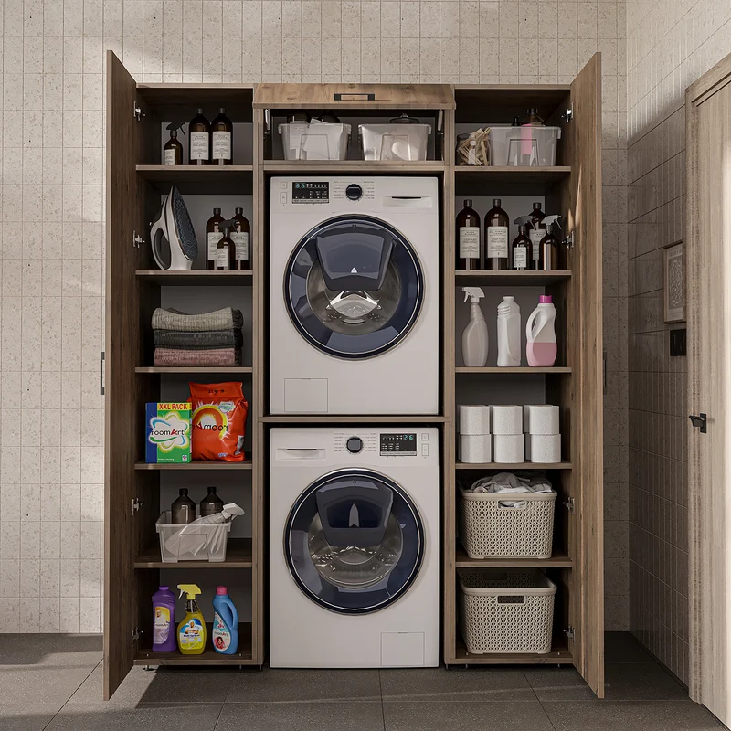 Roomart Schrankwand DUO-I, 157 cm, mit 2 Hochschränken und Oberschrank für Waschmaschine & Trockner, in 2 Farben