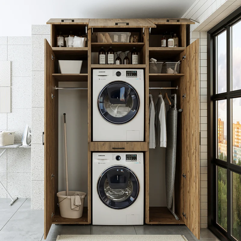 Roomart Waschmaschinenschrank 157 cm, für 2 Geräte mit 2 Hochschränken, in 3 Farben