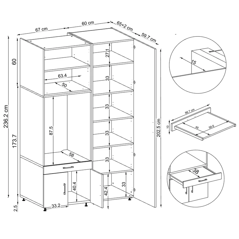 Roomart Waschmaschinenschrank 127 cm mit Hochschrank, 236 cm hoch, Ausziehbrett, in 3 Farben