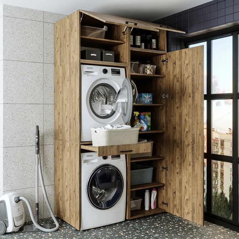 Roomart Waschmaschinenschrank 127 cm, für 2 Geräte mit Hochschrank, in 3 Farben