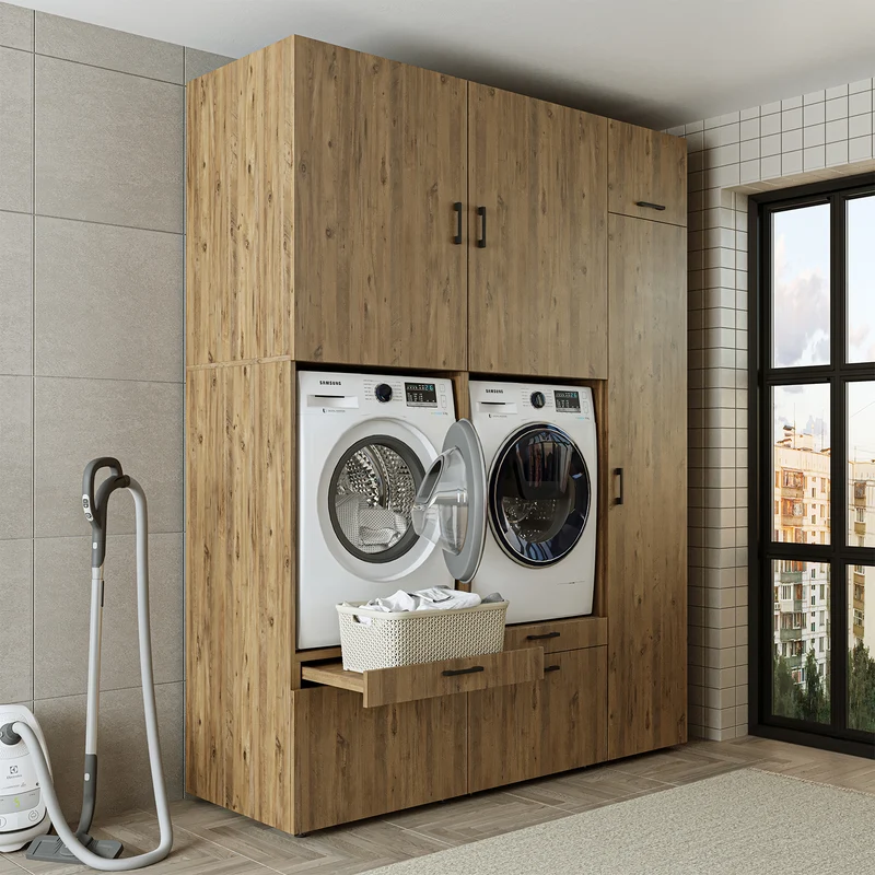Roomart Waschmaschinenschrank SERIE 2, Doppelschrank mit Ausziehbrettern und Hochschrank, in 3 Farben