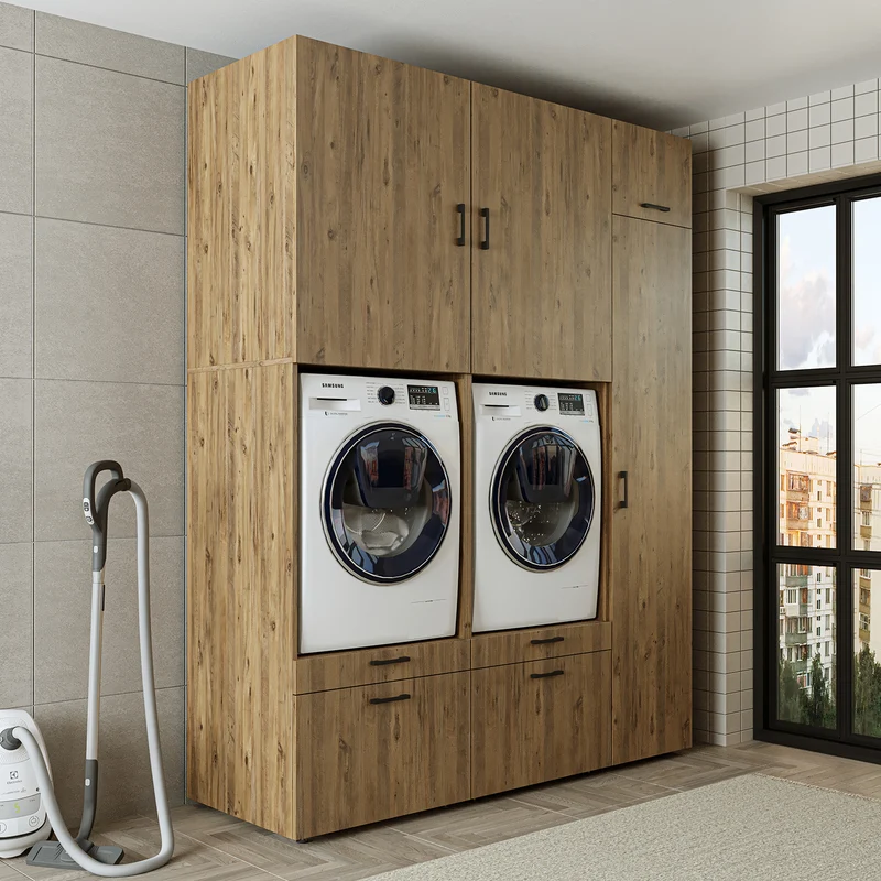 Roomart Waschmaschinenschrank SERIE 2, Doppelschrank mit Ausziehbrettern und Hochschrank, in 3 Farben
