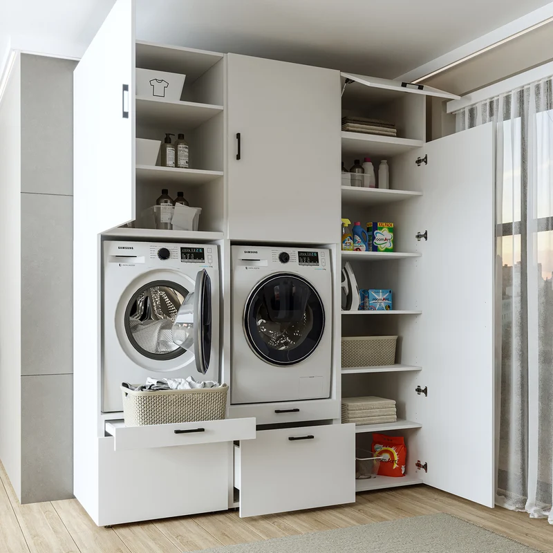 Roomart Waschmaschinenschrank SERIE 2, Doppelschrank mit Ausziehbrettern und Hochschrank, in 3 Farben