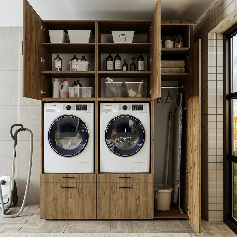 Roomart Waschmaschinenschrank SERIE 2, Doppelschrank mit Ausziehbrettern und Hochschrank, in 3 Farben