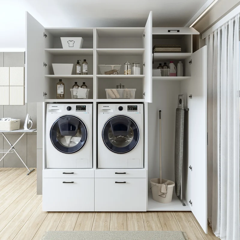 Roomart Waschmaschinenschrank SERIE 2, Doppelschrank mit Ausziehbrettern und Hochschrank, in 3 Farben