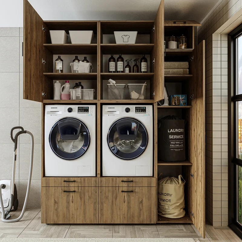 Roomart Waschmaschinenschrank SERIE 2, Doppelschrank mit Ausziehbrettern und Hochschrank, in 3 Farben