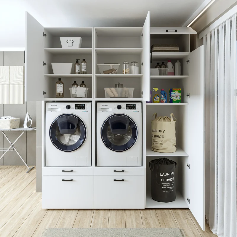 Roomart Waschmaschinenschrank SERIE 2, Doppelschrank mit Ausziehbrettern und Hochschrank, in 3 Farben