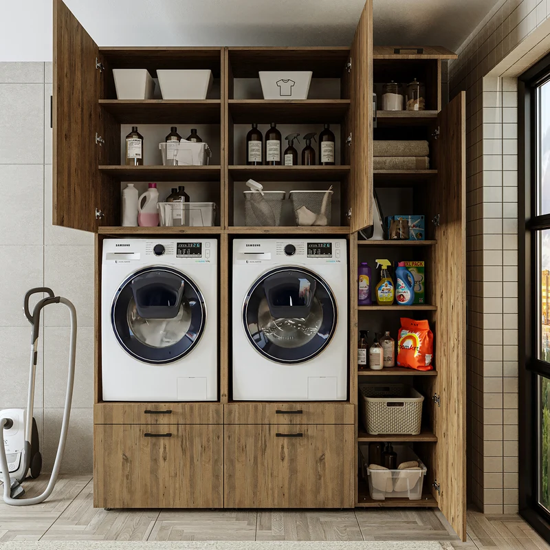 Roomart Waschmaschinenschrank SERIE 2, Doppelschrank mit Ausziehbrettern und Hochschrank, in 3 Farben