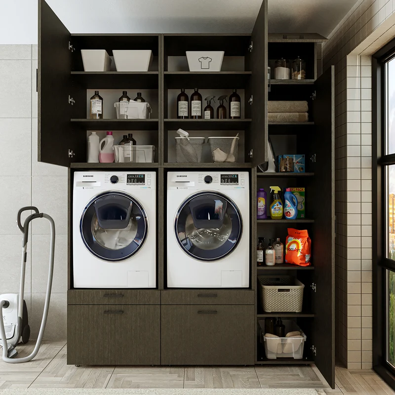 Roomart Waschmaschinenschrank SERIE 2, Doppelschrank mit Ausziehbrettern und Hochschrank, in 3 Farben