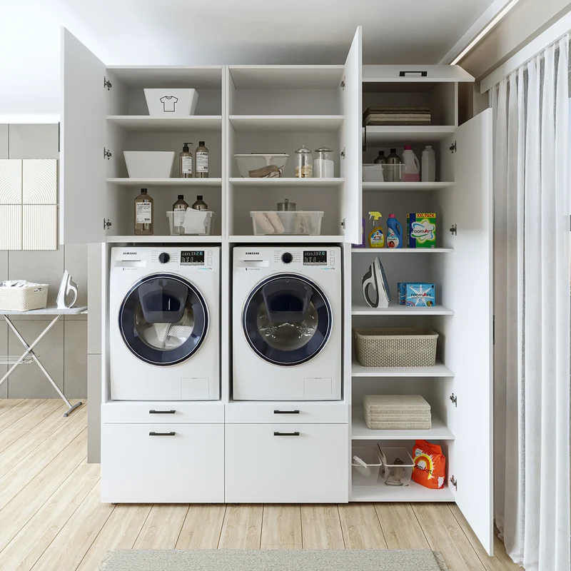 Roomart Waschmaschinenschrank SERIE 2, Doppelschrank mit Ausziehbrettern und Hochschrank, in 3 Farben