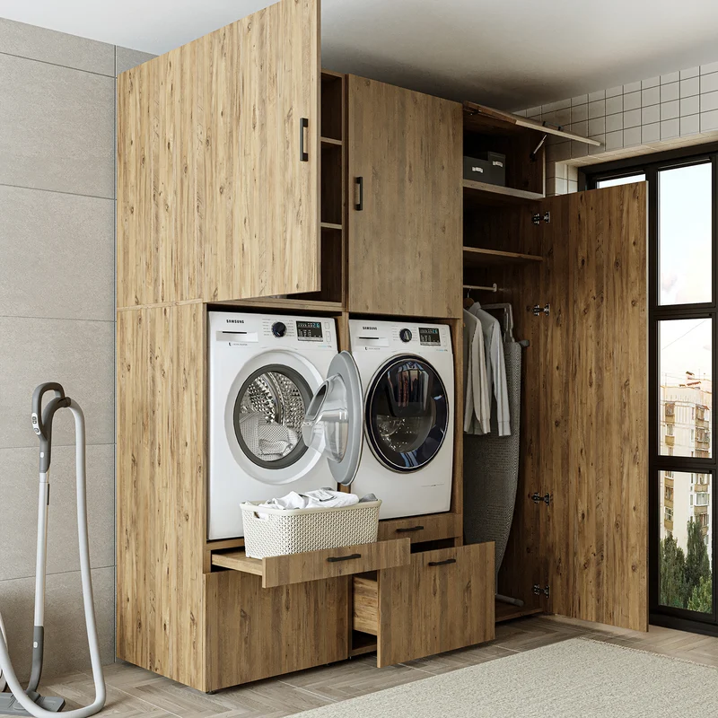 Roomart Waschmaschinenschrank SERIE 2, Doppelschrank mit Ausziehbrettern und Hochschrank, in 3 Farben