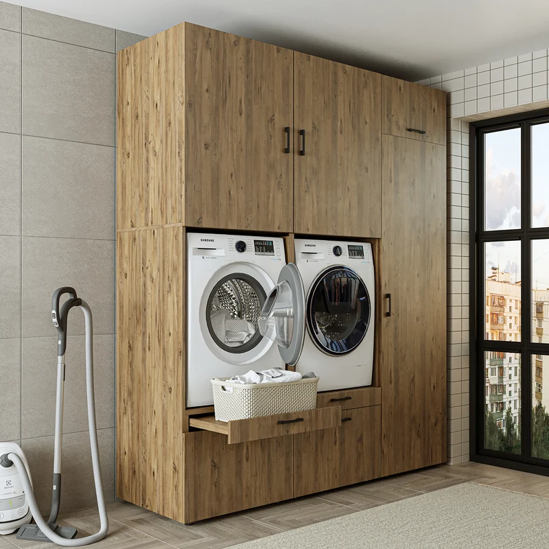 Roomart Waschmaschinenschrank SERIE 2, Doppelschrank mit Ausziehbrettern und Hochschrank, in 3 Farben