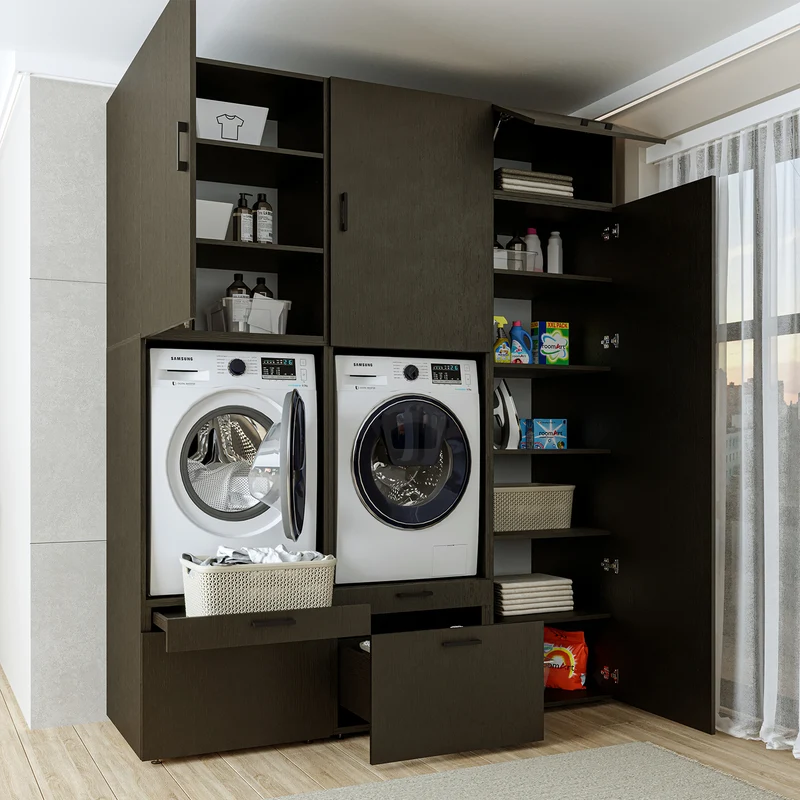 Roomart Waschmaschinenschrank SERIE 2, Doppelschrank mit Ausziehbrettern und Hochschrank, in 3 Farben