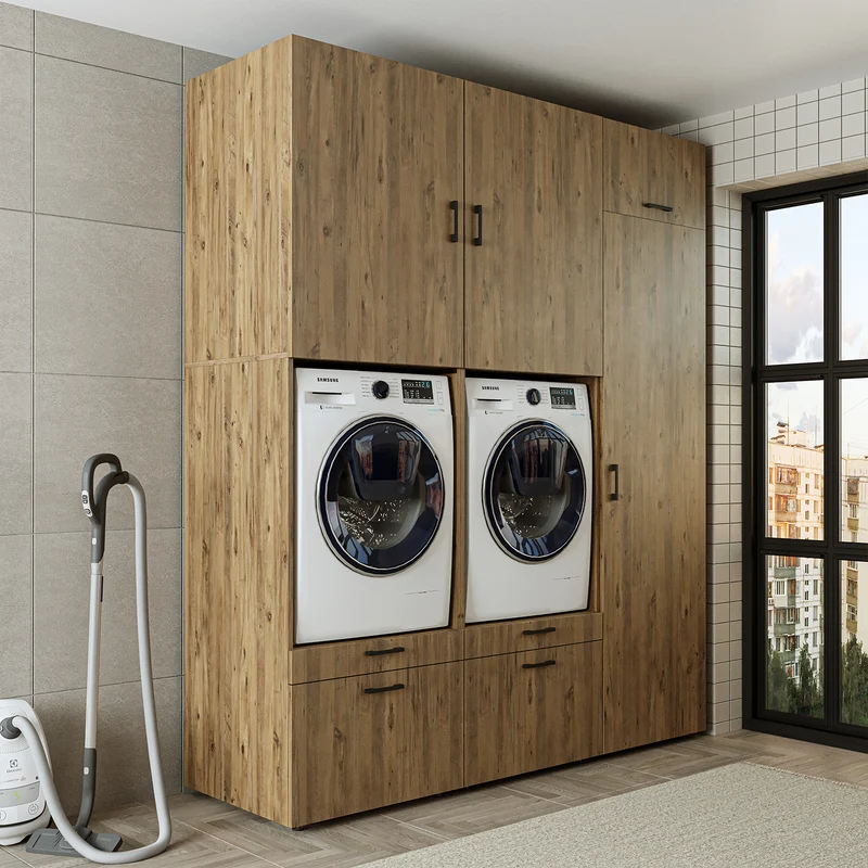 Roomart Waschmaschinenschrank SERIE 2, Doppelschrank mit Ausziehbrettern und Hochschrank, in 3 Farben